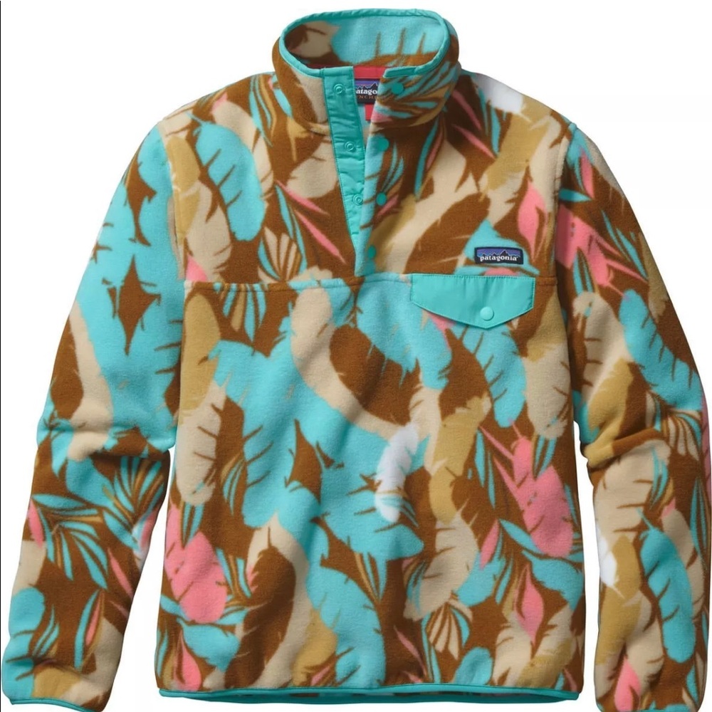 Patagonia Turquoise Brown Pink Feather-Print Snap-T Fleece Pullover